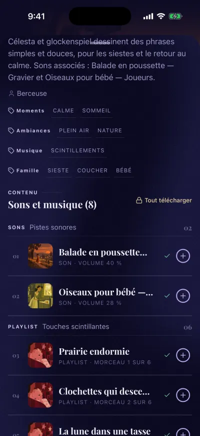 La page d’un mix sans abonnement, avec les sons qui demandent un abonnement marqués.