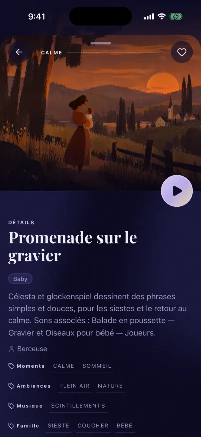 La page d’un mix : la pochette avec un bouton de lecture rond, le cœur en haut à droite, le nom du mix, ses étiquettes et la liste des sons et de la musique.