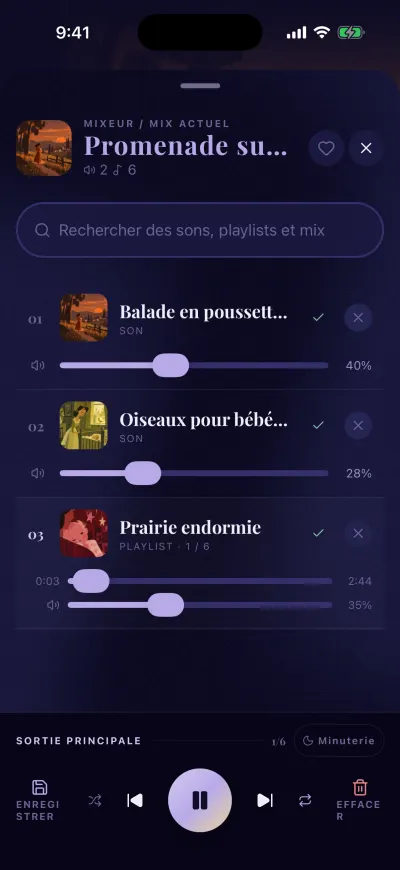 Le mixeur : le nom du mix en haut, une case de recherche, chaque son avec sa propre barre de volume, et les commandes en bas avec Enregistrer, lecture et Effacer.