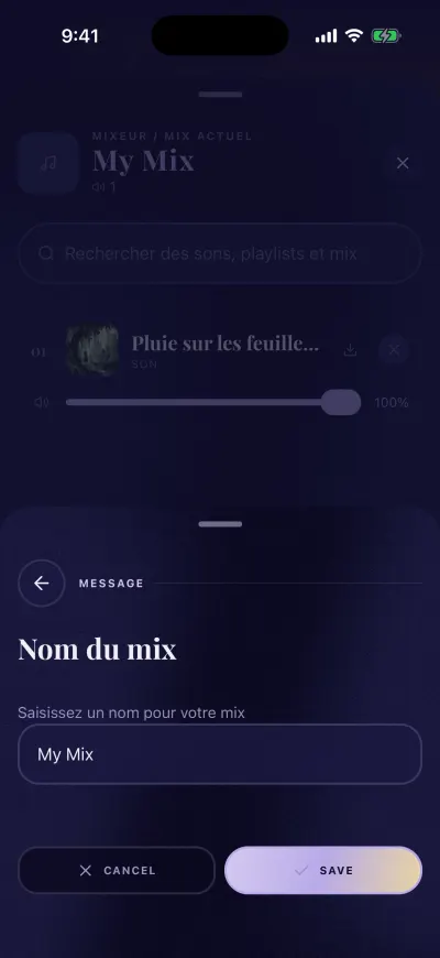 La fenêtre Nom du mix par-dessus le mixeur : une case de texte avec My Mix, et les boutons Annuler et Enregistrer.