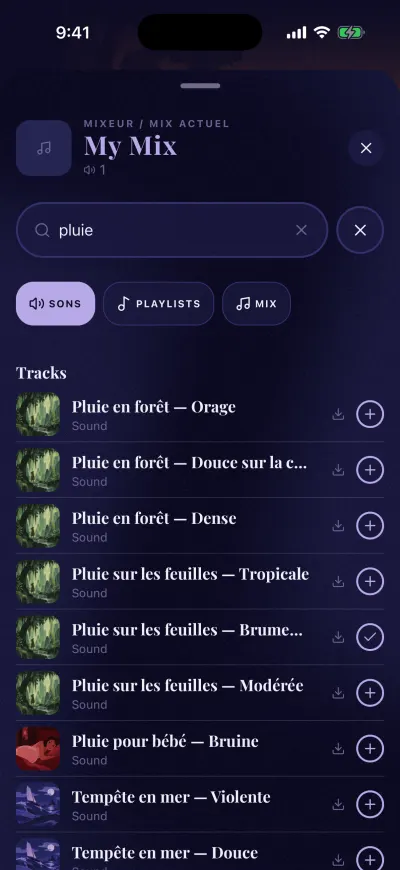 La recherche du mixeur pour rain, sur Sons uniquement : un son a une coche, les autres ont un +.