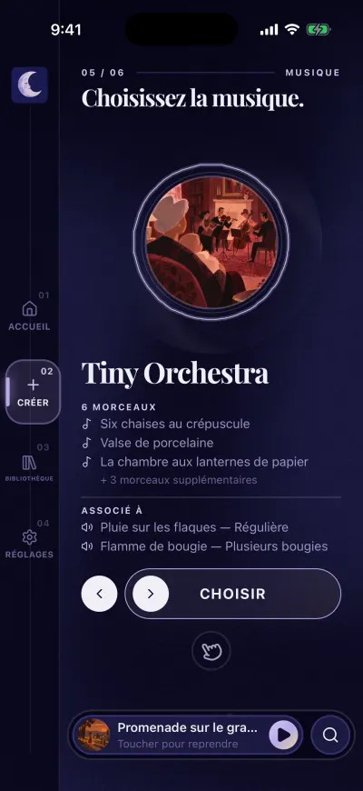 L’étape Choisissez la musique : une playlist avec ses premiers morceaux, les sons auxquels elle est associée, et le bouton Choisir.