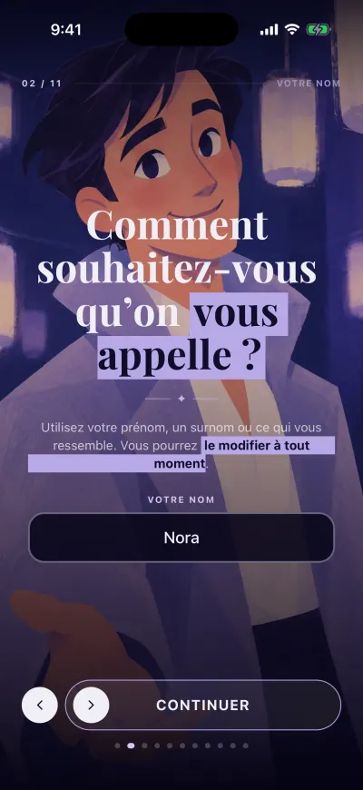 L’écran du prénom : une case pour votre prénom et le bouton Continuer en bas.