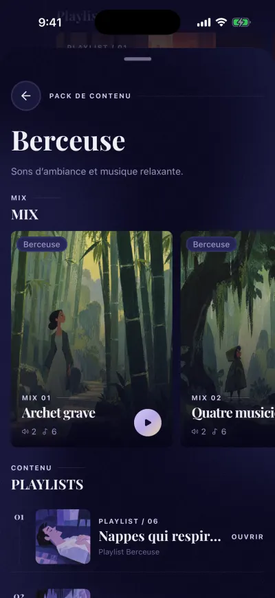La page d’un pack de contenu : son nom, une courte description, puis ses mix et ses playlists.