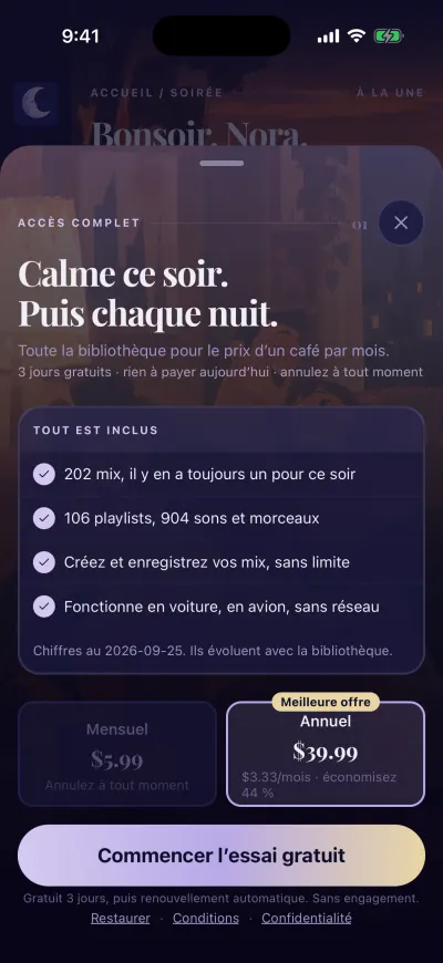 L’écran d’abonnement de Berceuse : trois jours gratuits, les offres mensuelle et annuelle, et le gros bouton en bas.