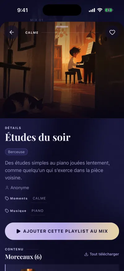 La page d’une playlist : la pochette, le nom, le bouton Ajouter cette playlist au mix et les morceaux.