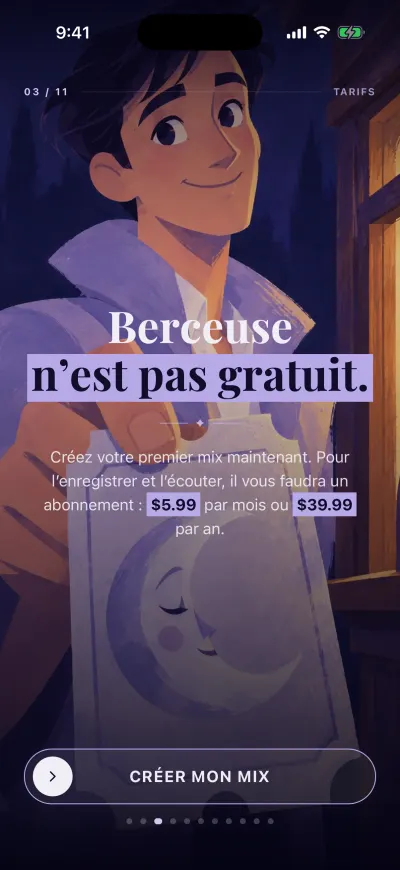 La page du prix pendant la première ouverture : trois jours gratuits, puis les prix mensuel et annuel, et le bouton Créer mon mix.