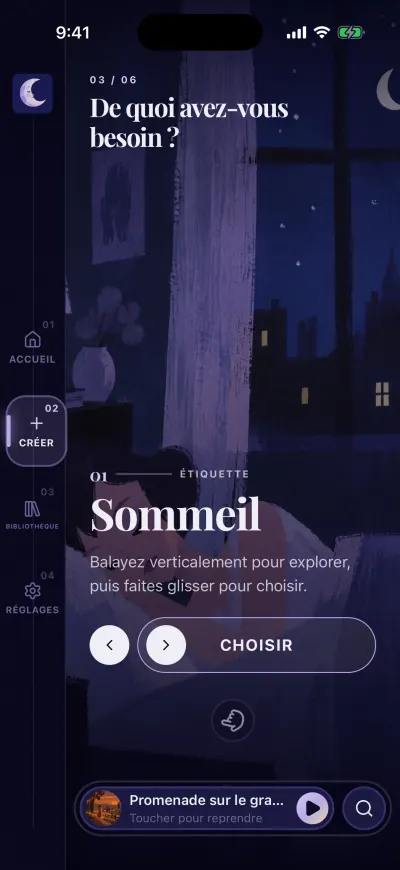 L’étape De quoi avez-vous besoin ? avec une seule carte à l’écran : Sommeil, et le bouton Choisir dessous.