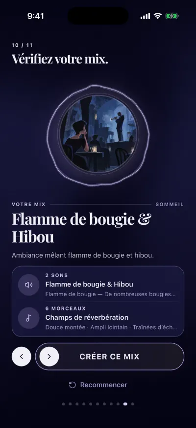 L’étape Vérifiez votre mix : vos sons et votre musique, le bouton Créer ce mix et Recommencer dessous.