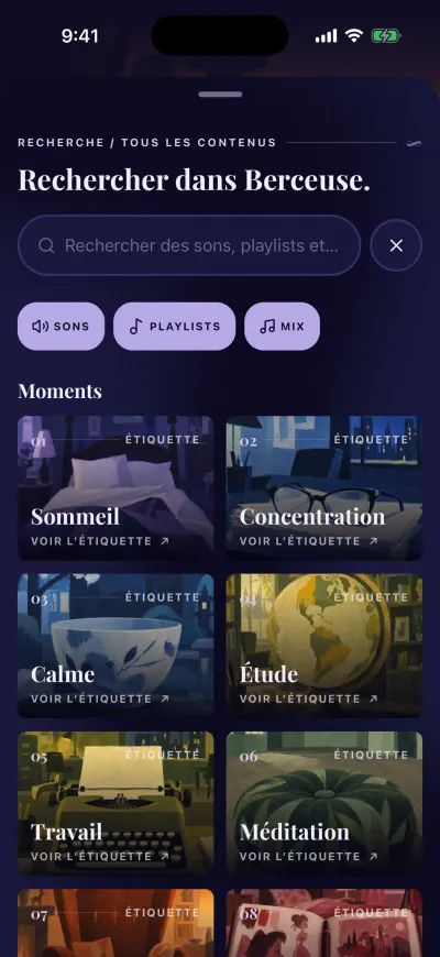 La recherche dans Berceuse avant de taper : la case de recherche, les filtres Sons, Playlists et Mix, et les Moments.