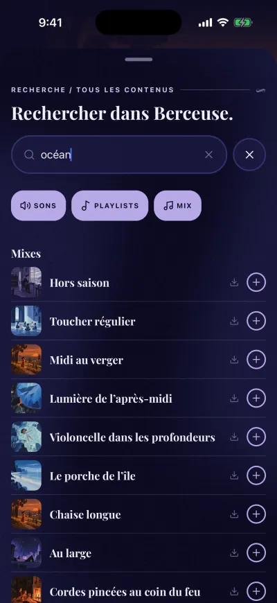 Les résultats de recherche pour ocean : des mix, chacun avec une flèche de téléchargement et un +.