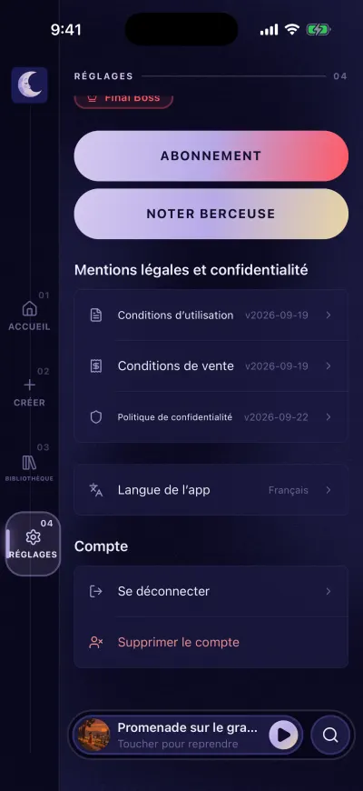 Les Réglages de Berceuse défilés vers le bas : les documents juridiques, Langue de l’app, puis Compte avec Se déconnecter et Supprimer le compte.