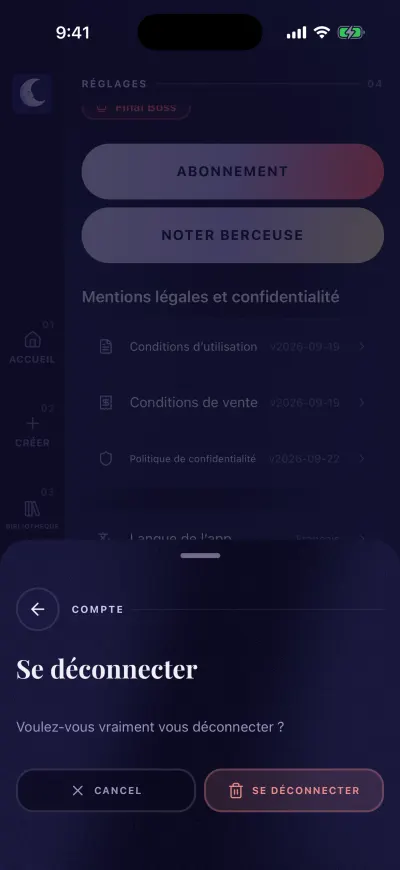 Le panneau Se déconnecter en bas de l’écran, avec les boutons Annuler et Se déconnecter.