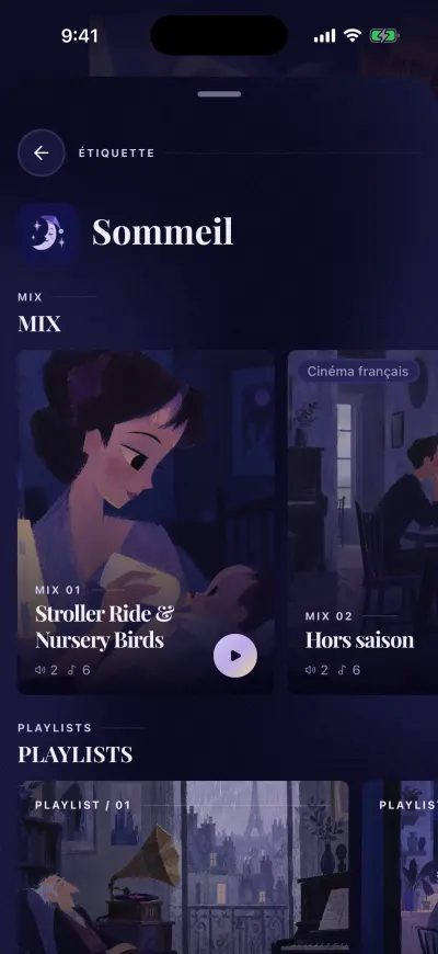 La page Sommeil : une rangée de mix et, dessous, des playlists.