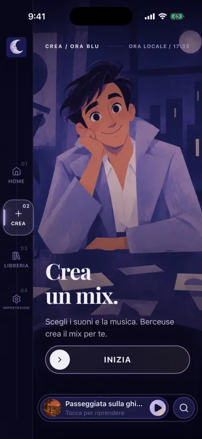 La scheda Crea: Crea un mix, una breve frase e il pulsante Inizia in basso.