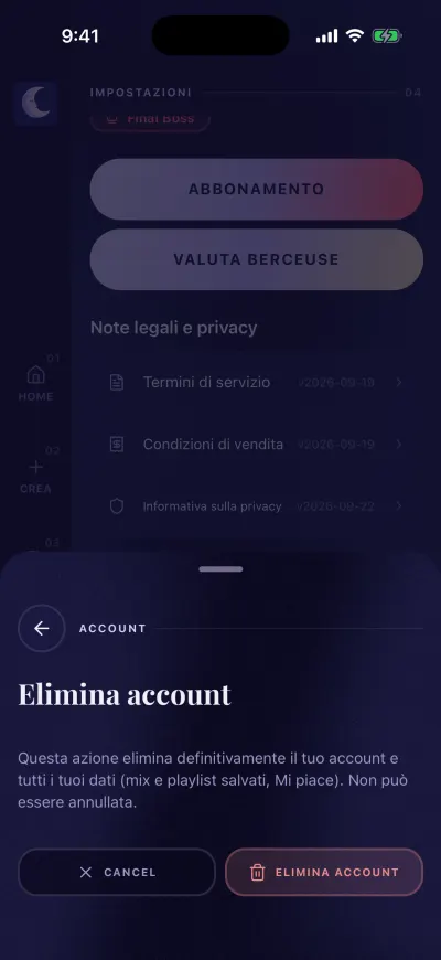 La finestra Elimina account: elimina il tuo account e tutti i tuoi dati, con i pulsanti Annulla ed Elimina account.