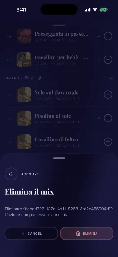 La finestra Elimina mix con i pulsanti Annulla ed Elimina.