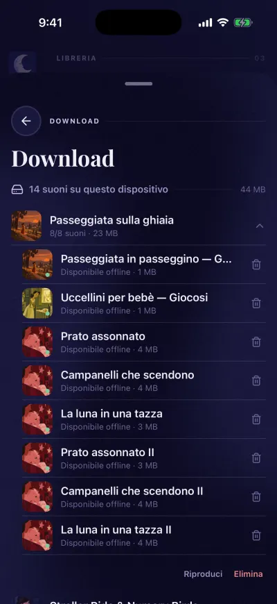 Download: lo spazio usato, e un mix aperto che mostra ogni suono con Disponibile offline, con Riproduci e Elimina sotto l'elenco.