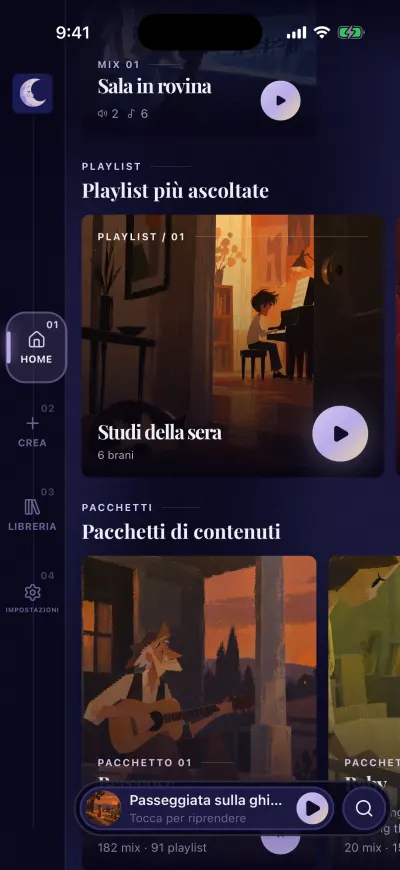 La Home scorsa in basso fino a Playlist più ascoltate, con una carta playlist e il suo pulsante di riproduzione rotondo, e Pacchetti di contenuti sotto.