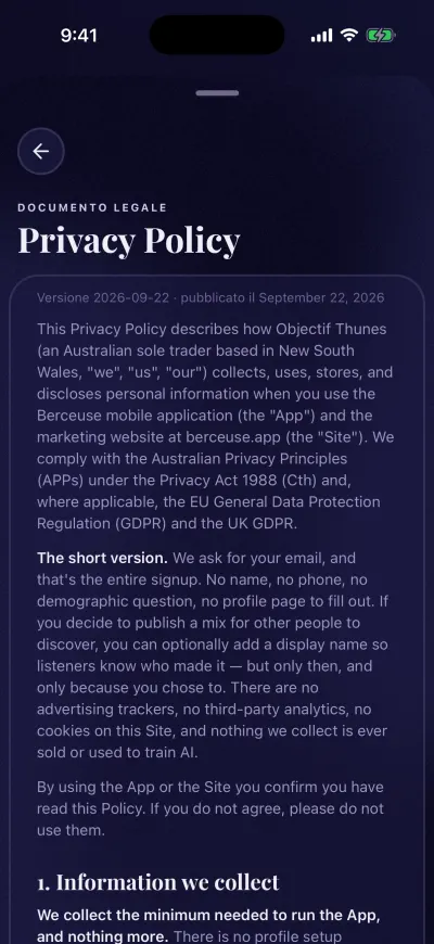 L'Informativa sulla privacy aperta in Berceuse, con la versione e la data in alto.