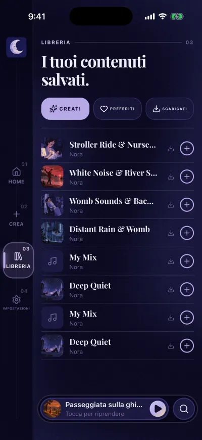 La Libreria su Creati: i tuoi mix salvati, ognuno con una freccia di download e un +.