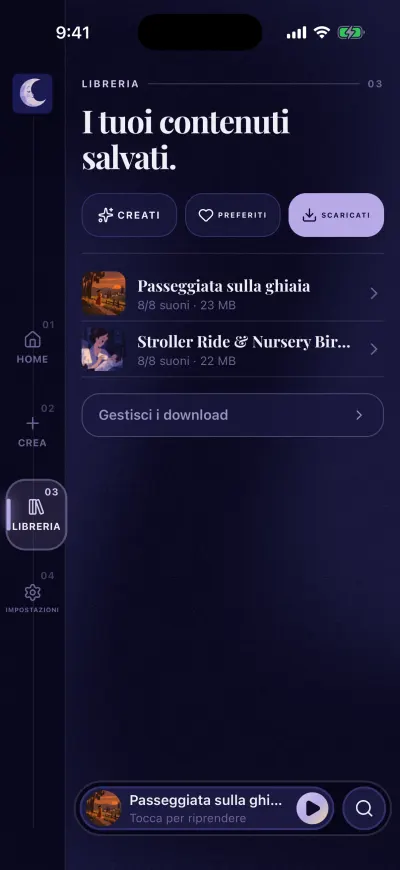 La Libreria su Scaricati: due mix scaricati con la loro dimensione, e il pulsante Gestisci i download.