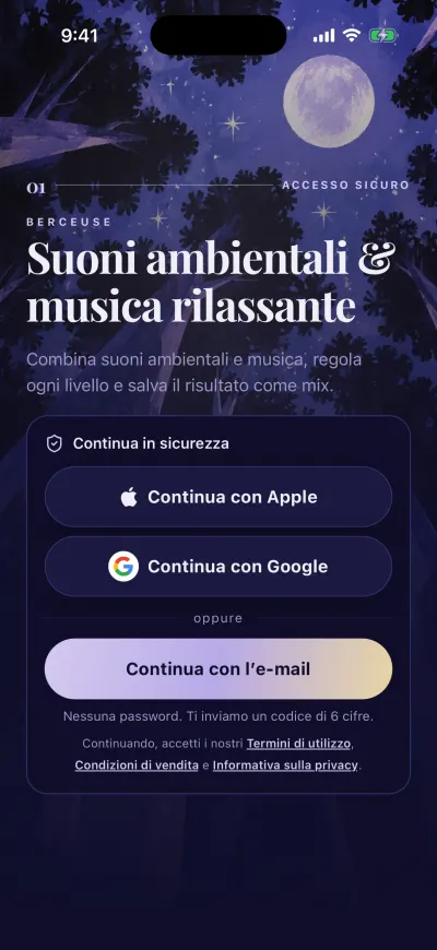 La schermata di accesso di Berceuse con Continua con Apple, Continua con Google e Continua con l'e-mail.