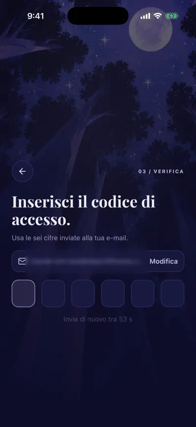 Il passo del codice: sei caselle per il codice ricevuto per e-mail, il conto alla rovescia e Invia di nuovo sotto.