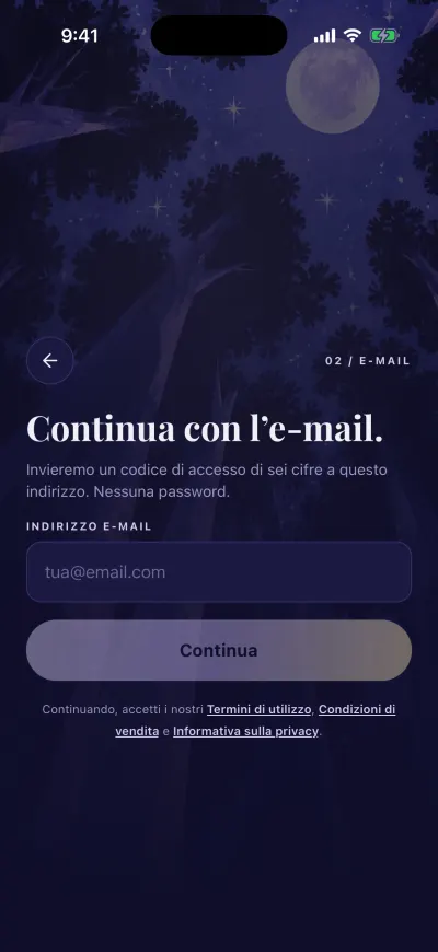 Il passo dell'e-mail: una casella per il tuo indirizzo e-mail e il pulsante Continua.
