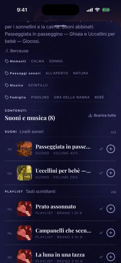 La pagina di un mix scorsa fino a Suoni e musica, con Scarica tutto a destra.