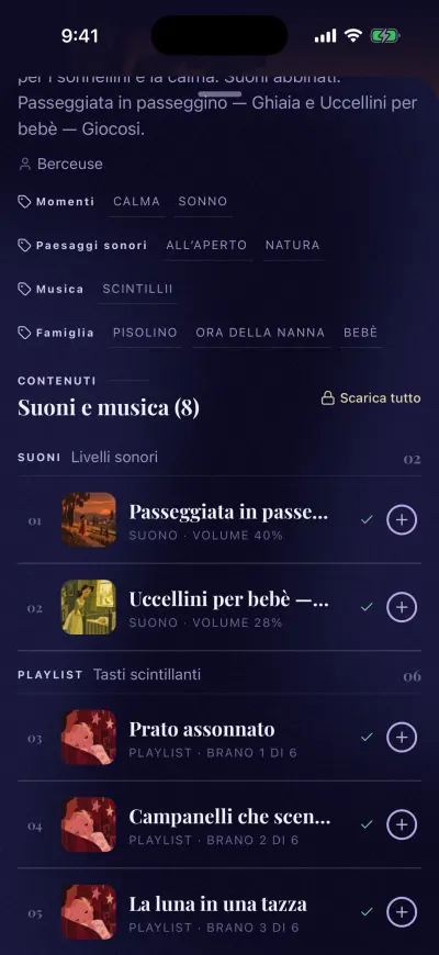 La pagina di un mix senza abbonamento, con i suoni che richiedono un abbonamento segnati.
