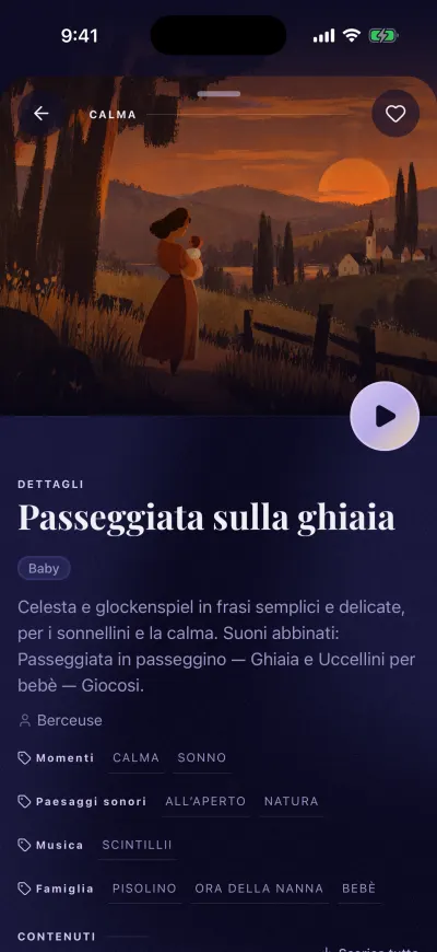 La pagina di un mix: la copertina con un pulsante di riproduzione rotondo, il cuore in alto a destra, il nome del mix, i suoi tag e l'elenco di suoni e musica.