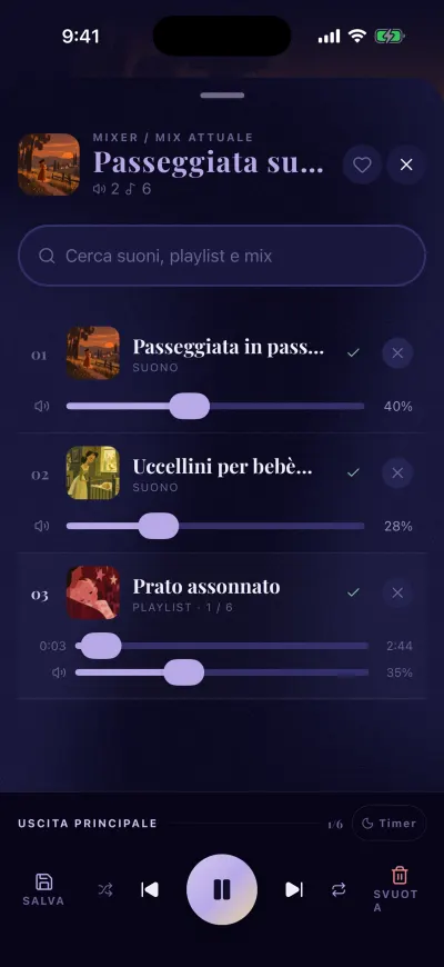 Il mixer: il nome del mix in alto, una casella di ricerca, ogni suono con la sua barra del volume, e i controlli in basso con Salva, riproduci e Svuota.