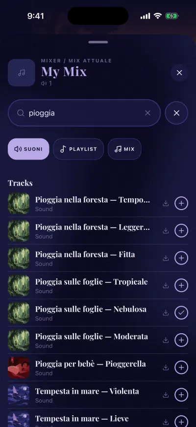 La ricerca nel mixer per rain, solo su Suoni: un suono ha una spunta, gli altri hanno un +.