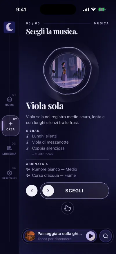 Il passo Scegli la musica: una playlist con i primi brani, i suoni a cui è abbinata e il pulsante Scegli.