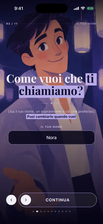 La schermata del nome: una casella per il tuo nome e il pulsante Continua in basso.