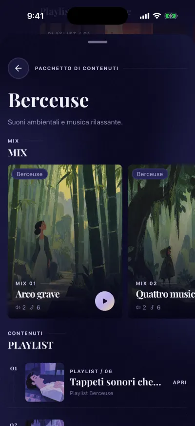 La pagina di un pacchetto di contenuti: il nome, una breve descrizione, e i suoi mix e le sue playlist.