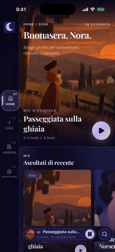 La Home con un mix in riproduzione: la barra lunga in basso mostra la copertina, il nome del mix, 2 livelli, un pulsante di pausa e la lente.