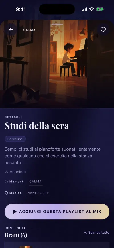 La pagina di una playlist: la copertina, il nome, il pulsante Aggiungi questa playlist al mix e i brani.