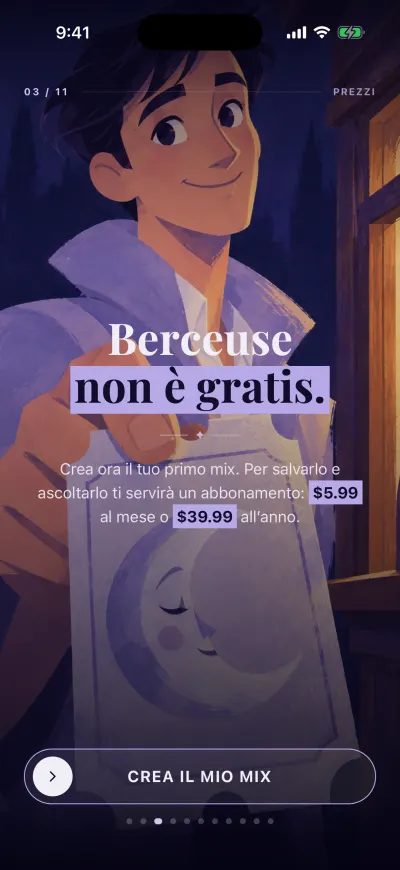 La pagina di benvenuto sul prezzo: tre giorni gratis, poi i prezzi mensile e annuale, e il pulsante Crea il mio mix.