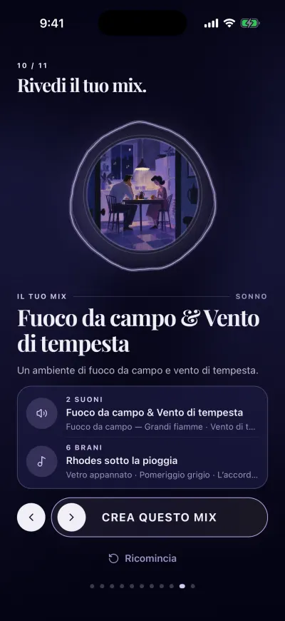 Il passo Rivedi il tuo mix: i tuoi suoni e la tua musica, il pulsante Crea questo mix e Ricomincia sotto.