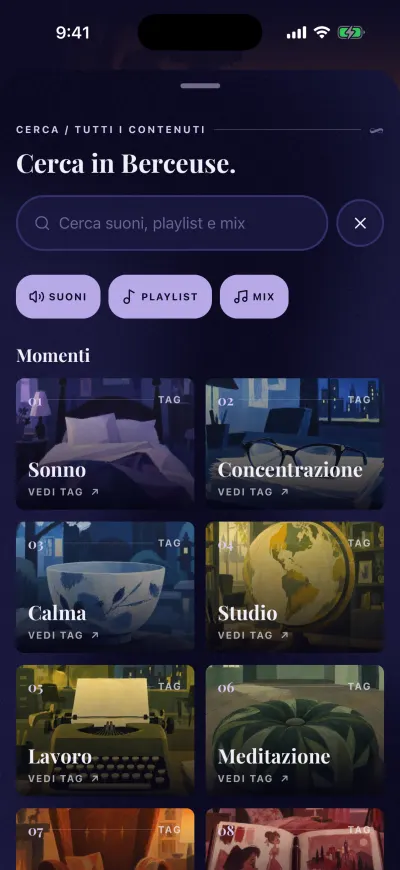 Cerca in Berceuse prima di scrivere: la casella di ricerca, i filtri Suoni, Playlist e Mix, e i Momenti.