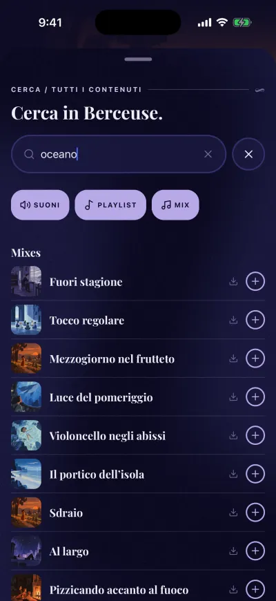 I risultati della ricerca per ocean: mix, ognuno con una freccia di download e un +.