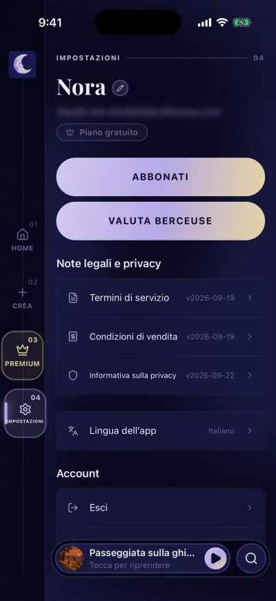 Le Impostazioni di Berceuse in alto: il tuo nome con una matita, la tua e-mail, il tuo piano e i grandi pulsanti sotto.