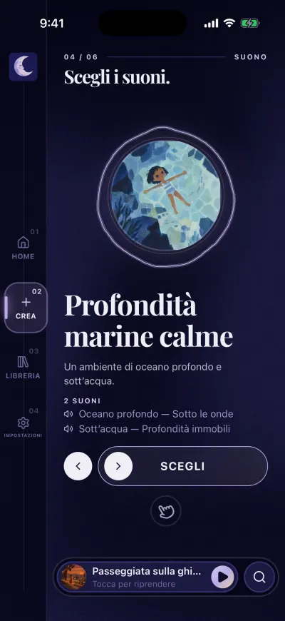 Il passo Scegli i suoni: un'immagine rotonda, il nome della miscela, i due suoni che contiene e il pulsante Scegli.