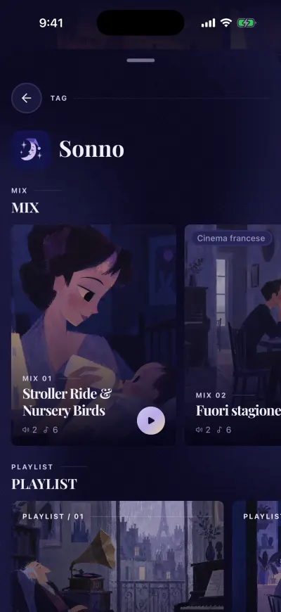 La pagina Sonno: una riga di mix e, sotto, le playlist.