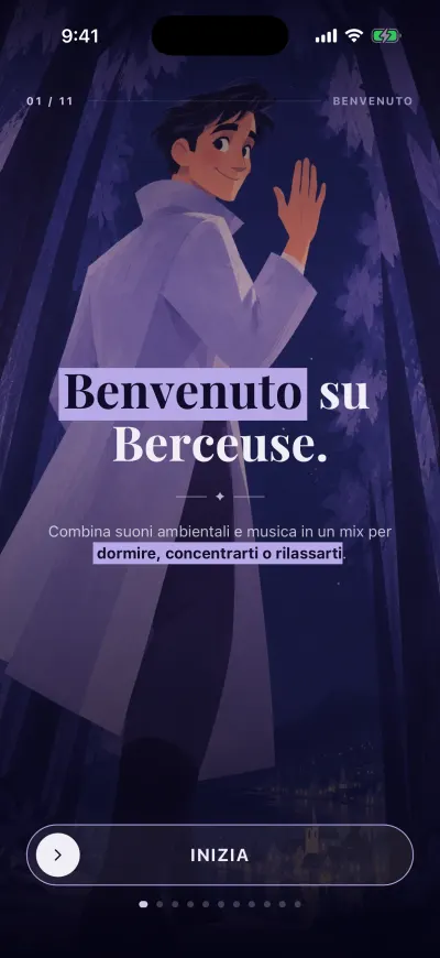 La schermata di benvenuto di Berceuse, con il pulsante Inizia in basso e la sua maniglia rotonda a sinistra.
