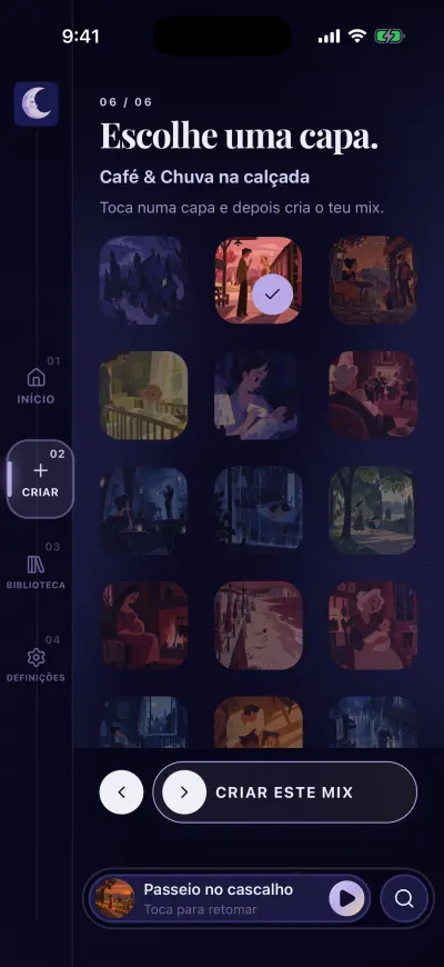 O último passo, Escolha uma capa: uma imagem com visto, as outras mais escuras, e o botão Criar este mix em baixo.
