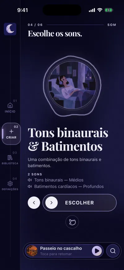 O passo Escolha os sons: uma imagem redonda, o nome da mistura, os dois sons que tem e o botão Escolher.
