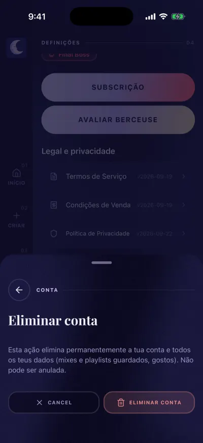 A janela Eliminar conta: elimina a sua conta e todos os seus dados, com os botões Cancelar e Eliminar conta.